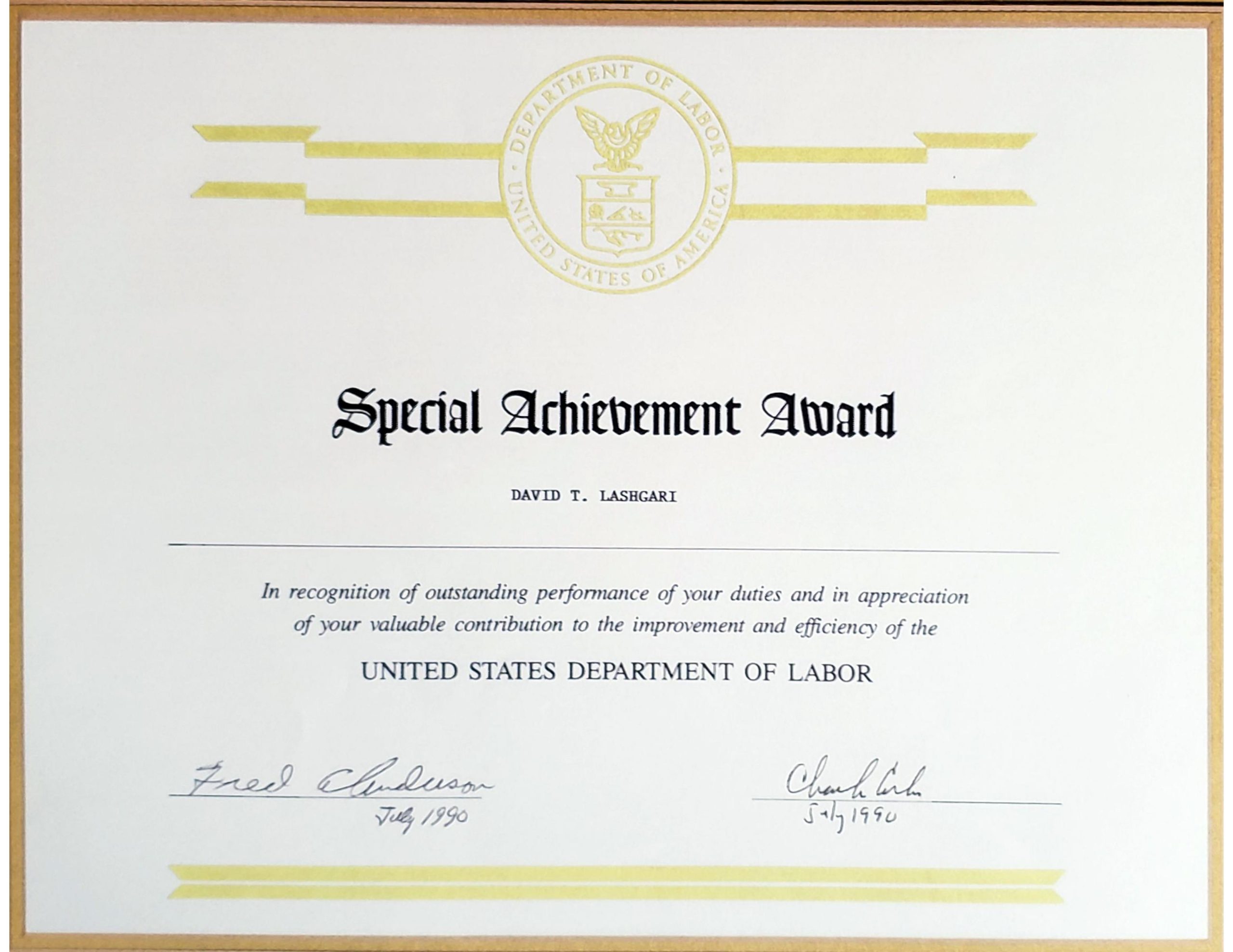 United States Department of Labor Special Achievement Award, outstanding performance